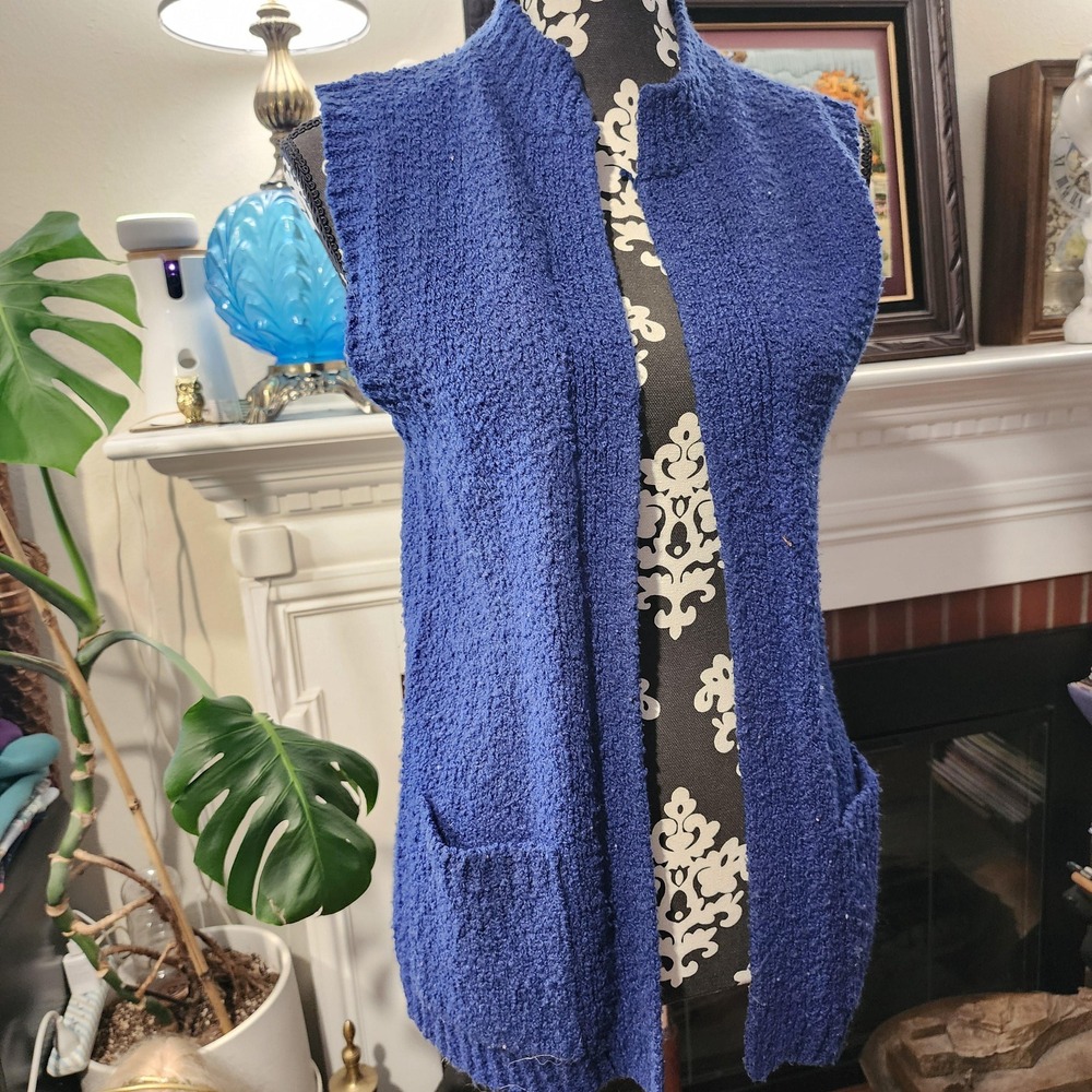 S Vintage 70s Long Navy Blue Knit Cardigan Vest